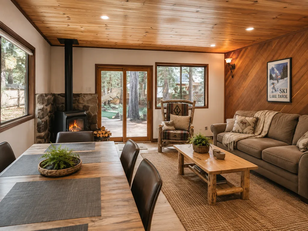 A cozy living room with wooden walls, a fireplace, and a large couch.