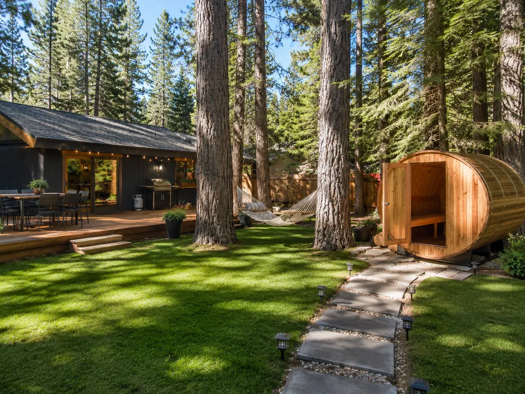 A cabin with a deck, surrounded by trees and a wooden sauna.
