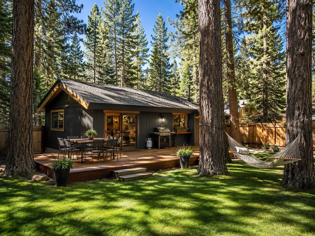 A cozy cabin with a deck, hammock, and outdoor dining set in a wooded area.