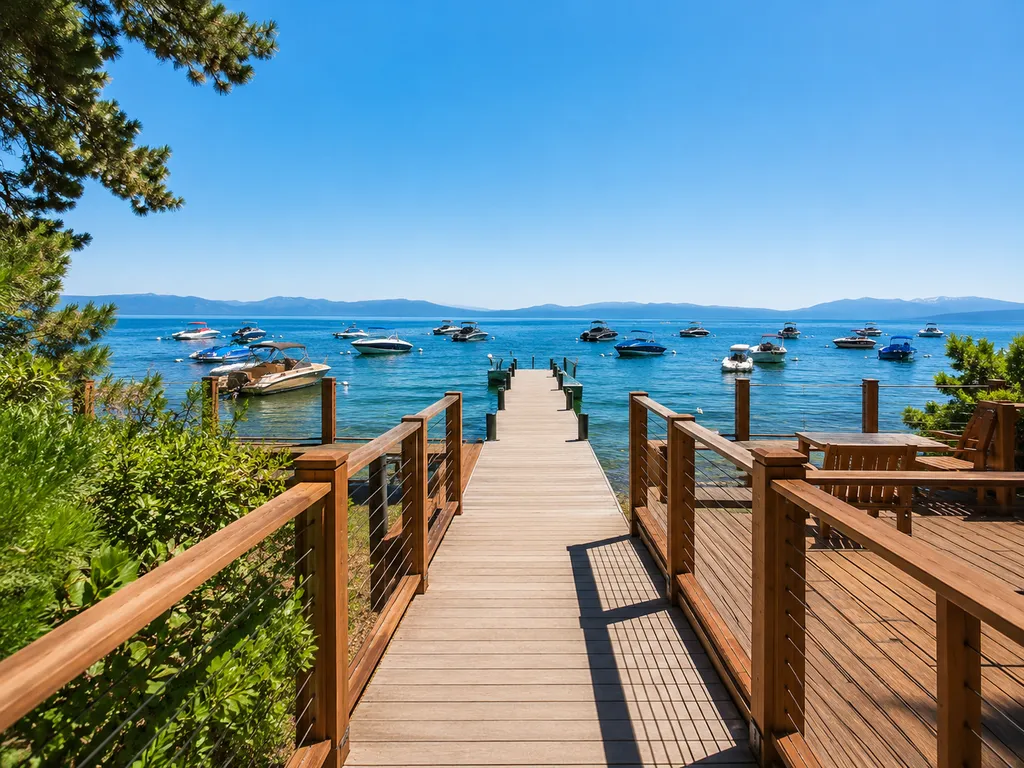 Wooden dock leading to a lake with boats and mountains in the distance.