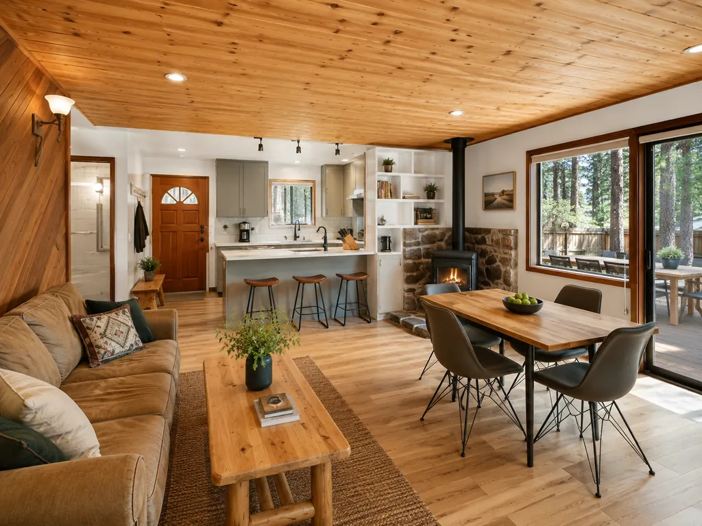 A living room with wooden floors, a fireplace, and a dining table.